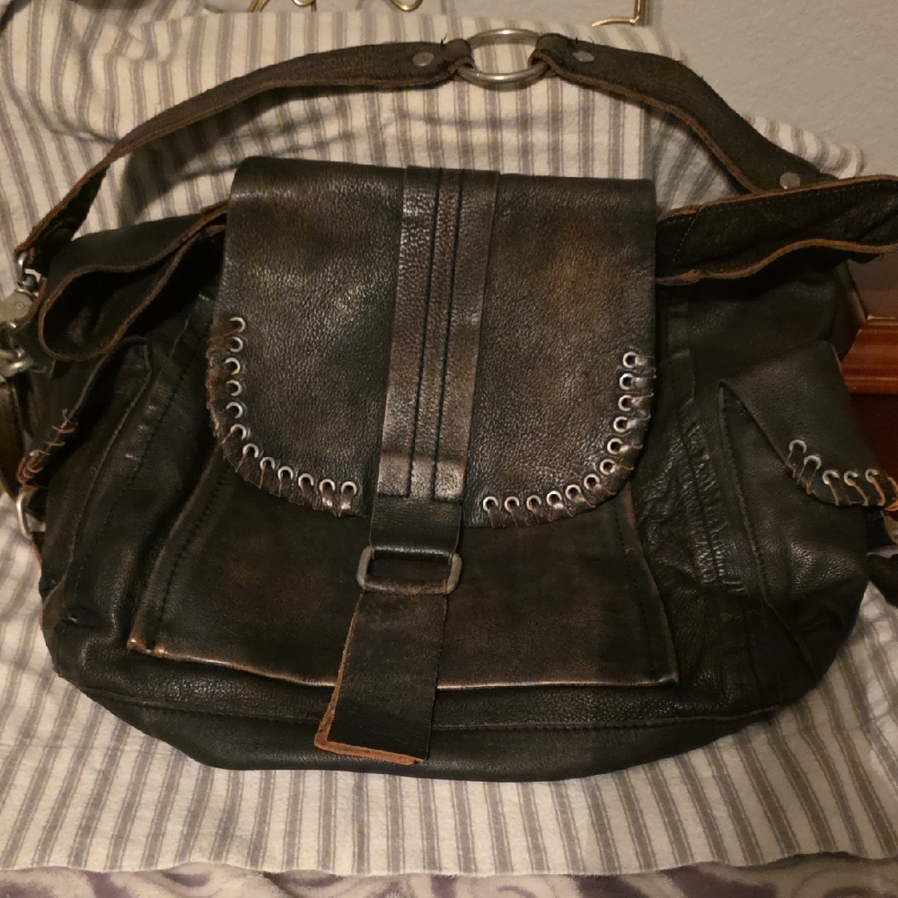 Free People Large Leigh Distressed Aged Graphite Leather Women's Bag